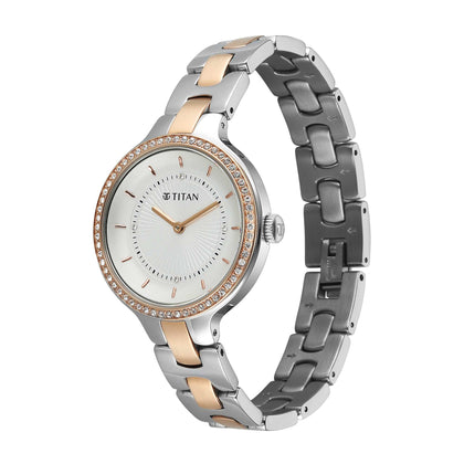 Titan Purple Oro Time Quartz White Dial Two Tone Strap Watch For Ladies