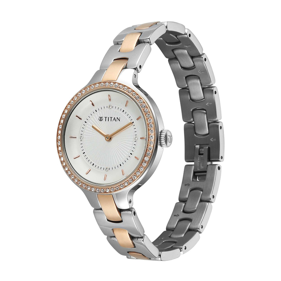 Titan Purple Oro Time Quartz White Dial Two Tone Strap Watch For Ladies