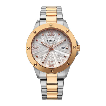 Titan Purple Oro Time Quartz White Dial Two Tone Strap Watch For Ladies