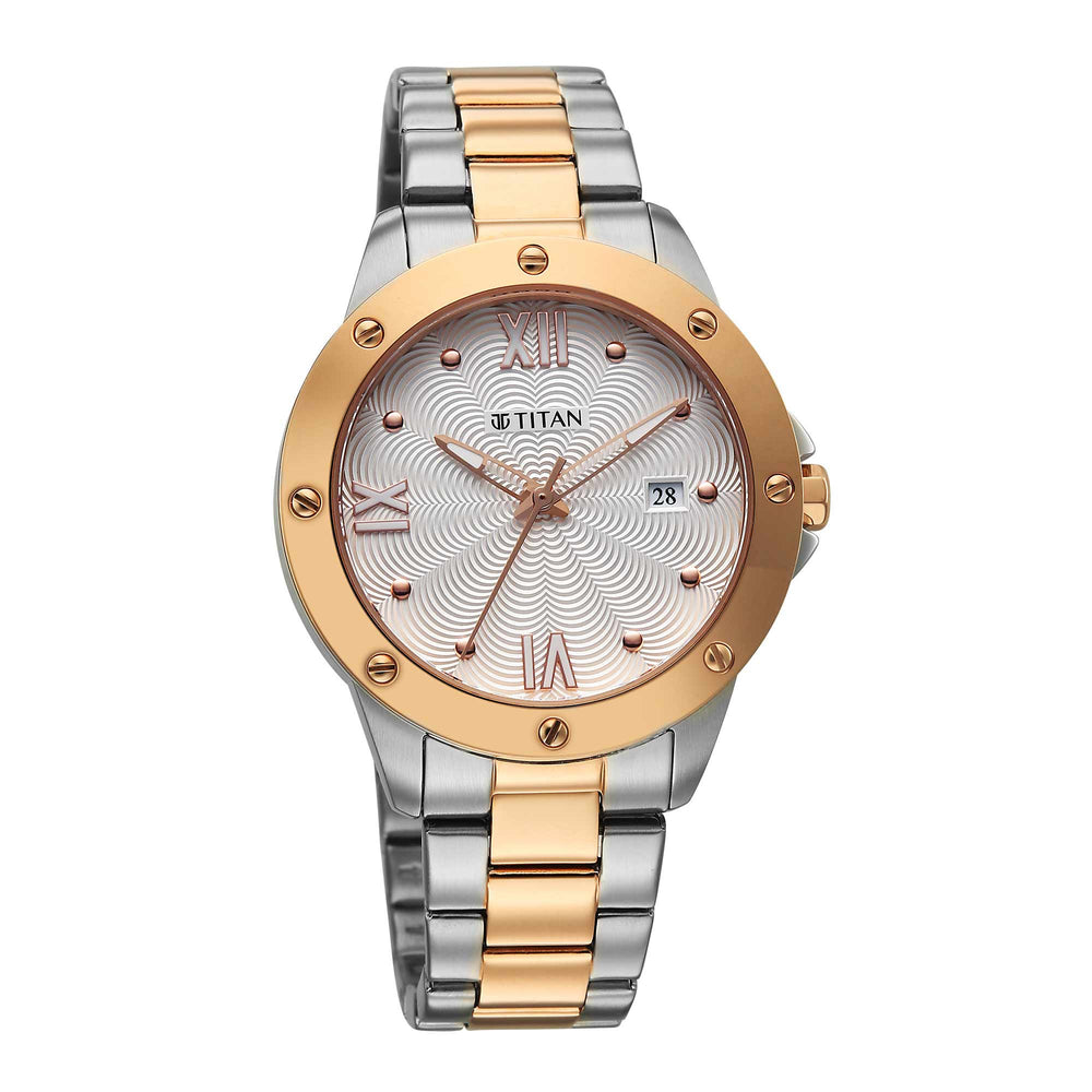 Titan Purple Oro Time Quartz White Dial Two Tone Strap Watch For Ladies