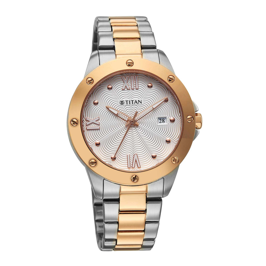 Titan Purple Oro Time Quartz White Dial Two Tone Strap Watch For Ladies