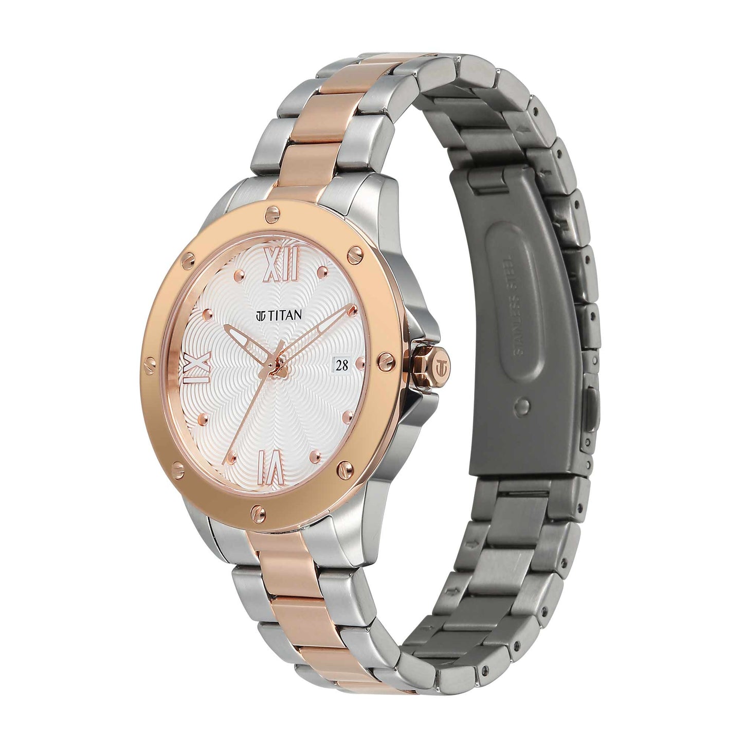 Titan Purple Oro Time Quartz White Dial Two Tone Strap Watch For Ladies