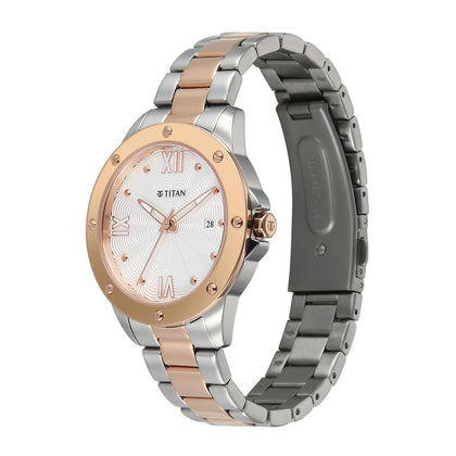 Titan Purple Oro Time Quartz White Dial Two Tone Strap Watch For Ladies