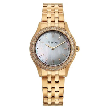 Titan Glamour Quartz Analog White Mother Of Pearl Dial Rose Gold Stainless Steel Strap Watch For Women
