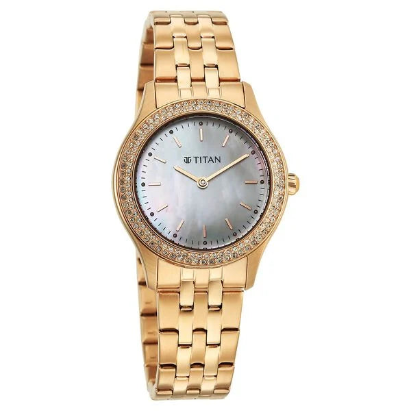 Titan Fashion Mother of Pearl Dial Rose Gold Stainless Steel Strap Analog Watch for Women