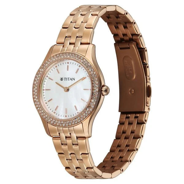 Titan Fashion Mother of Pearl Dial Rose Gold Stainless Steel Strap Analog Watch for Women
