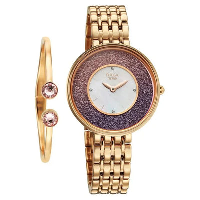 Titan Raga Glimmers Mother of Pearl Dial Rose Gold Metal Strap Analog Watch for Women