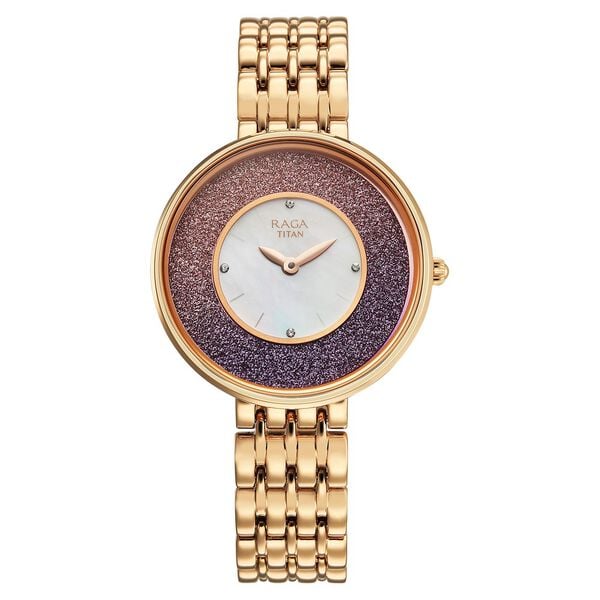 Titan Raga Glimmers Mother of Pearl Dial Rose Gold Metal Strap Analog Watch for Women