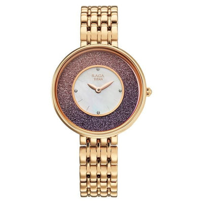 Titan Raga Glimmers Mother of Pearl Dial Rose Gold Metal Strap Analog Watch for Women