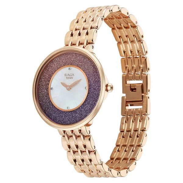 Titan Raga Glimmers Mother of Pearl Dial Rose Gold Metal Strap Analog Watch for Women