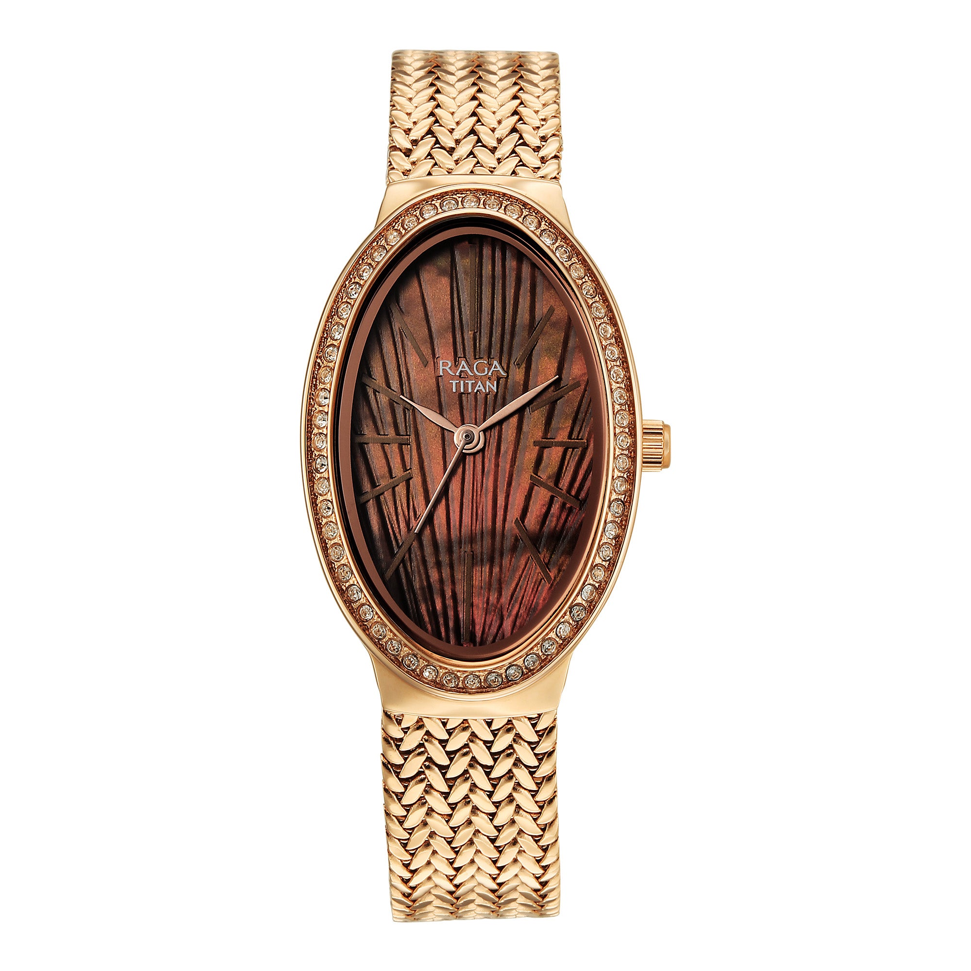 Titan Raga Glimmers Brown Mother of Pearl Oval Dial Rose Gold Metal Strap Analog Watch for Women