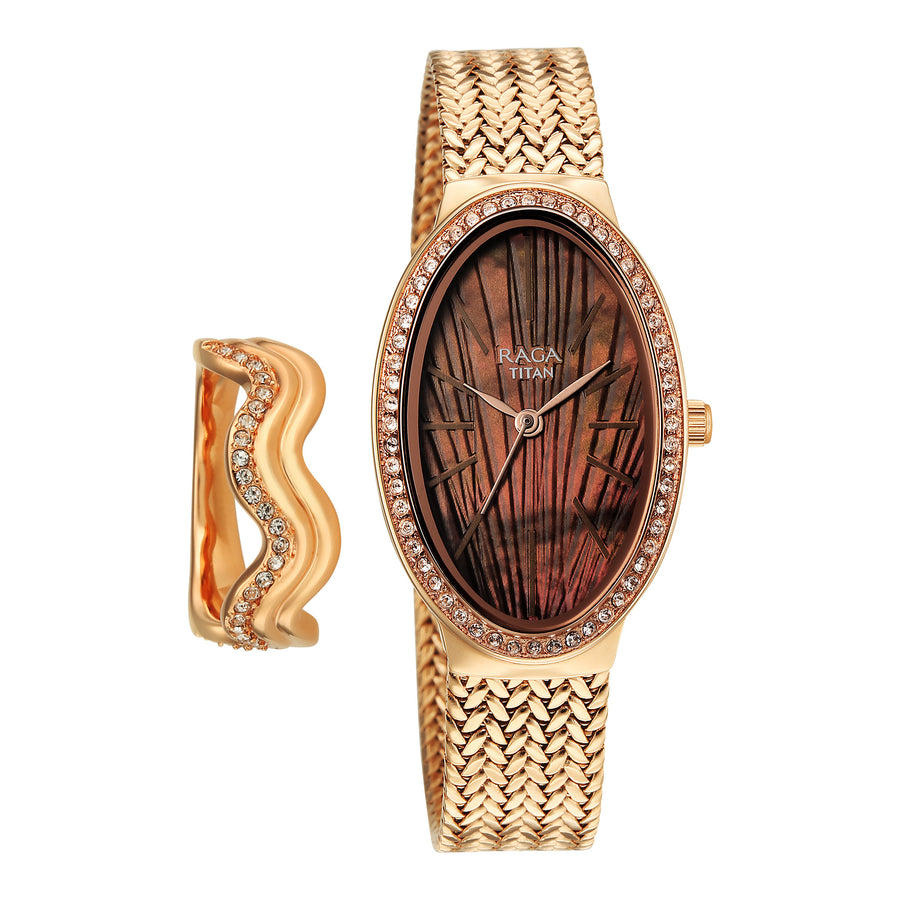 Titan Raga Glimmers Quartz Analog Brown Mother Of Pearl Dial Rose Gold Metal Strap Watch For Women