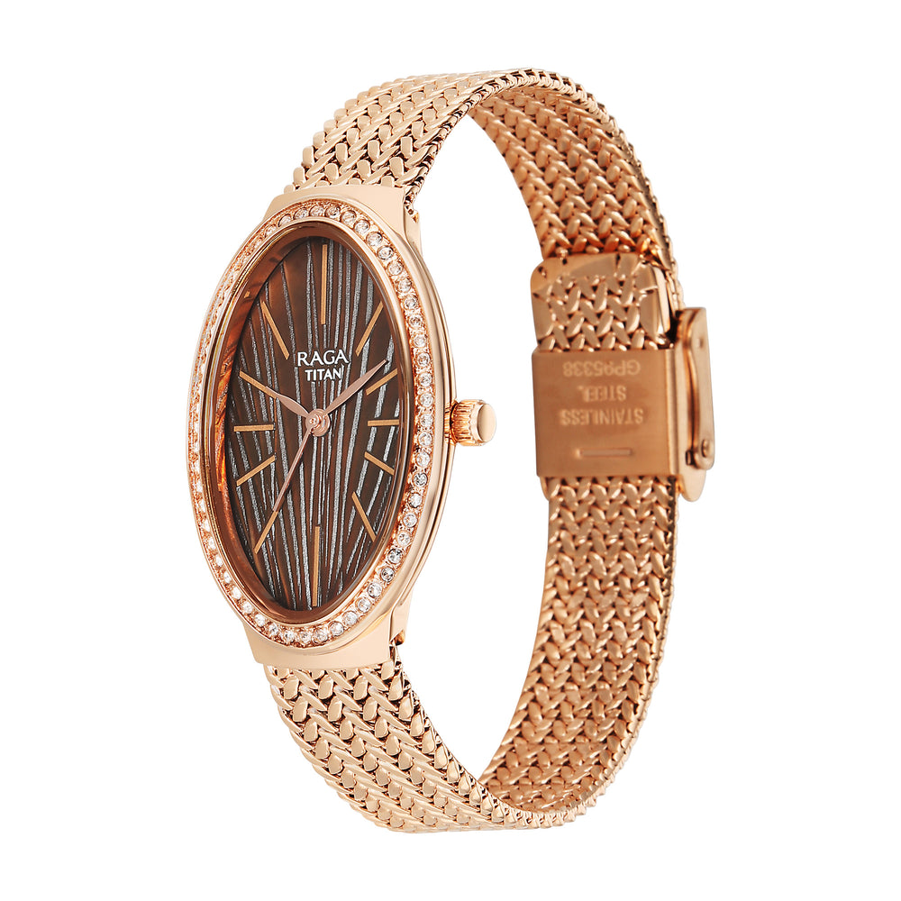 Titan Raga Glimmers Quartz Analog Brown Mother Of Pearl Dial Rose Gold Metal Strap Watch For Women