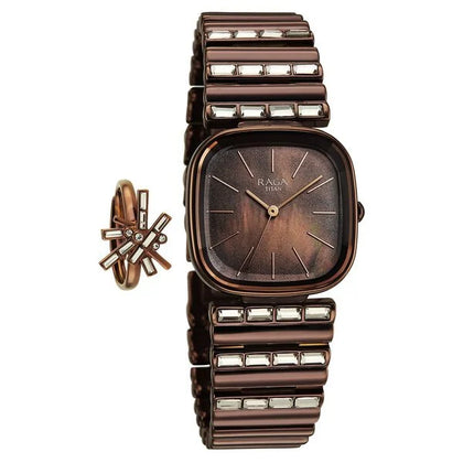 Titan Raga Glimmers Quartz Analog Brown Mother Of Pearl Dial Brown Metal Strap Watch For Women