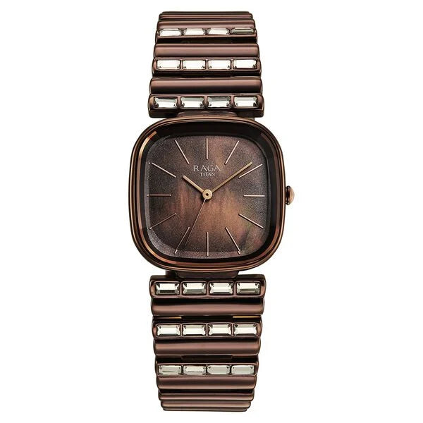 Titan Raga Glimmers Brown Mother of Pearl Square Dial Metal Strap Analog Watch for Women