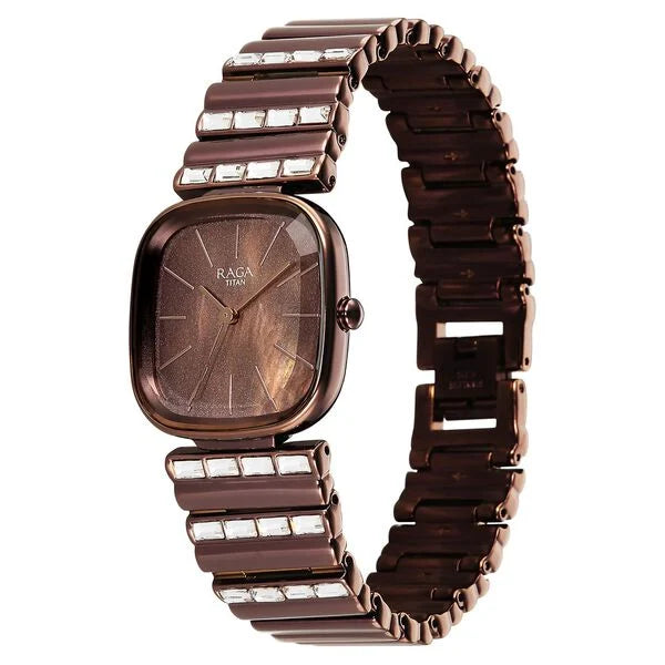Titan Raga Glimmers Quartz Analog Brown Mother Of Pearl Dial Brown Metal Strap Watch For Women
