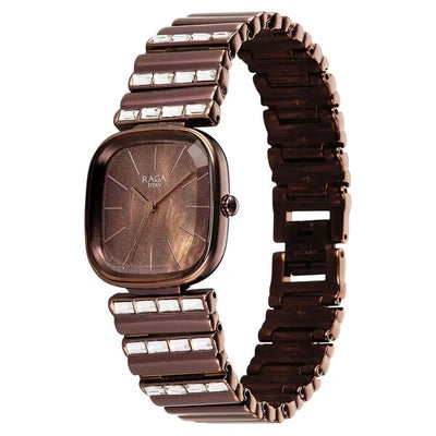Titan Raga Glimmers Quartz Analog Brown Mother Of Pearl Dial Brown Metal Strap Watch For Women