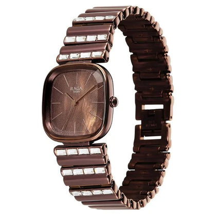 Titan Raga Glimmers Quartz Analog Brown Mother Of Pearl Dial Brown Metal Strap Watch For Women
