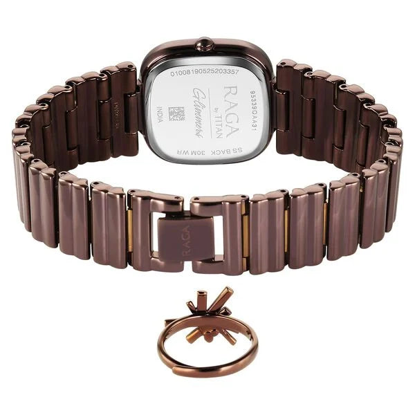 Titan Raga Glimmers Brown Mother of Pearl Square Dial Metal Strap Analog Watch for Women