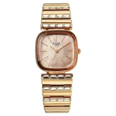 Titan Raga Glimmers Quartz Analog Rose Gold Dial Rose Gold Metal Strap Watch For Women