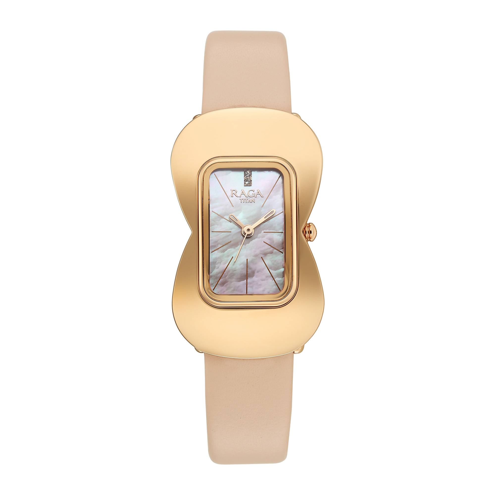 Titan Raga Glimmers Mother of Pearl Dial Beige Leather Strap Analog Watch for Women