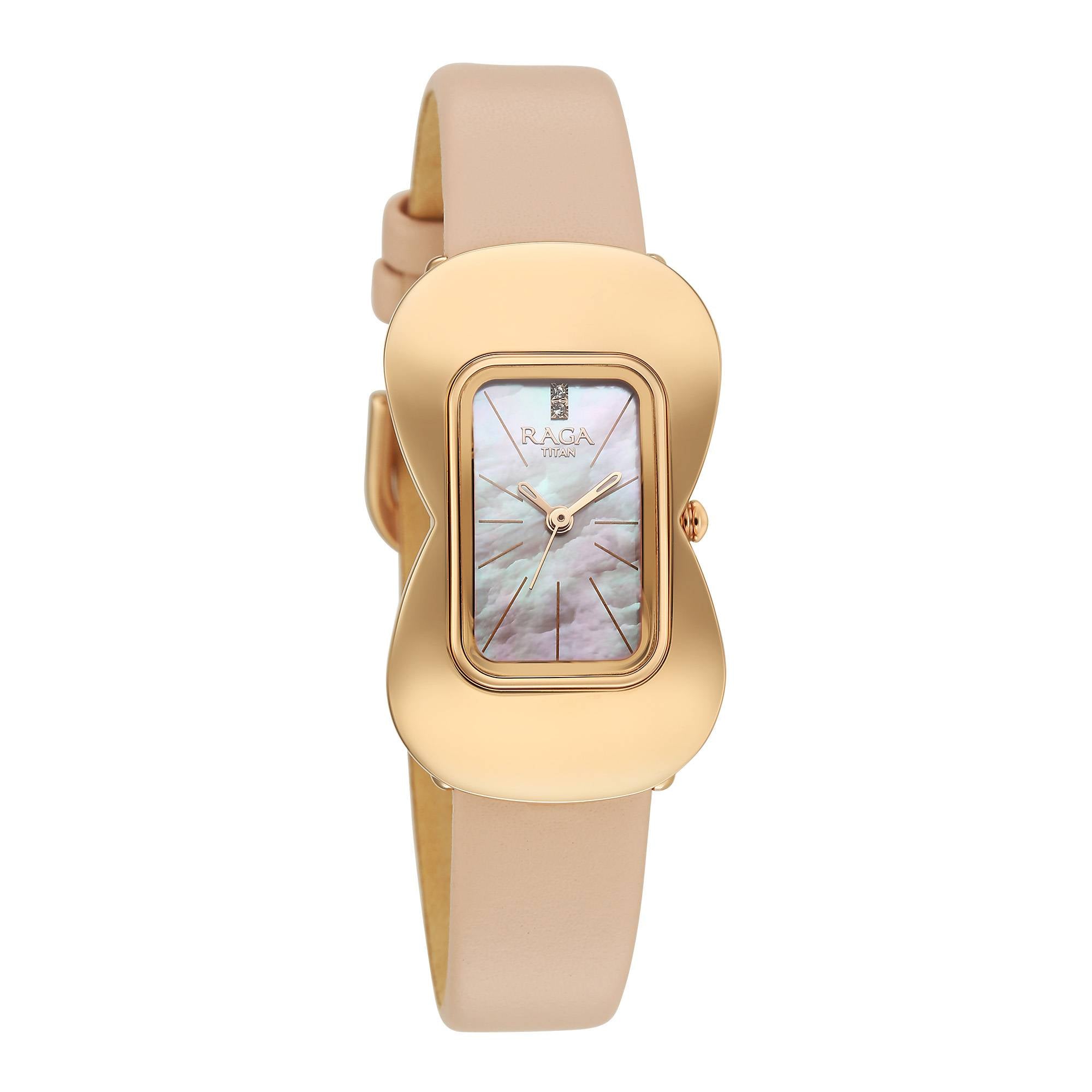 Titan Raga Glimmers Mother of Pearl Dial Beige Leather Strap Analog Watch for Women