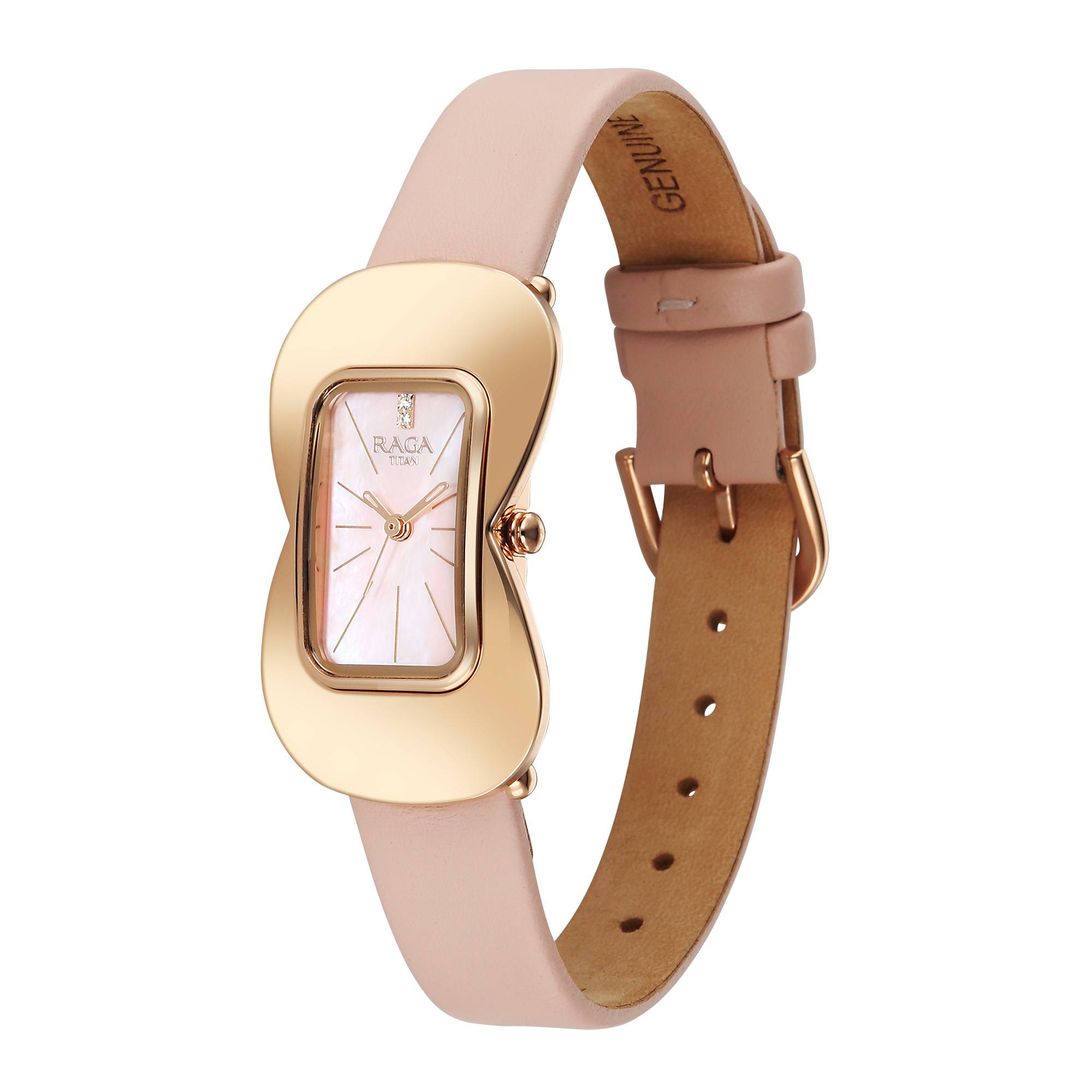 Titan Raga Glimmers Mother of Pearl Dial Beige Leather Strap Analog Watch for Women
