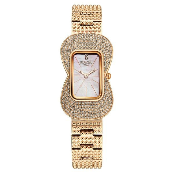 Titan Raga Glimmers Quartz Analog Pink Mother Of Pearl Dial Rose Gold Metal Strap Watch For Women