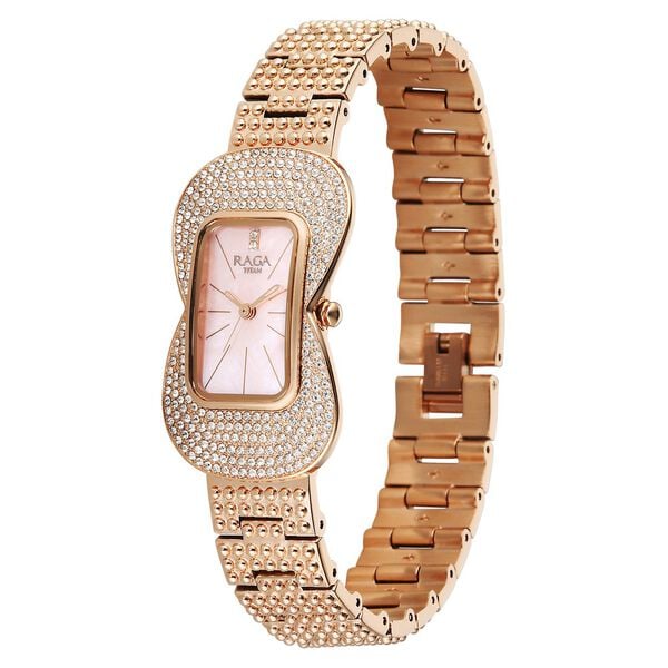 Titan Raga Glimmers Quartz Analog Pink Mother Of Pearl Dial Rose Gold Metal Strap Watch For Women