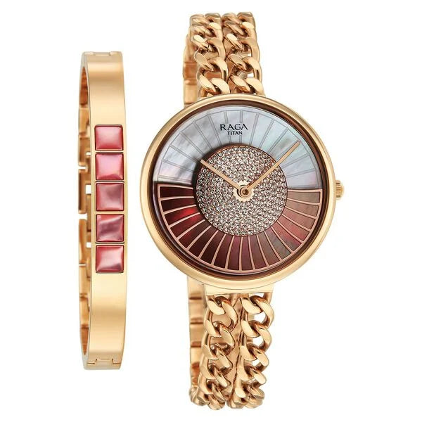 Titan Raga Glimmers Quartz Analog Mother of Pearl Dial Rose Gold Stainless Steel Strap Watch For Women