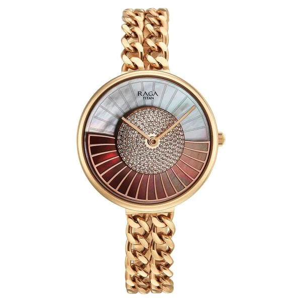 Titan Raga Glimmers Quartz Analog Mother of Pearl Dial Rose Gold Stainless Steel Strap Watch For Women