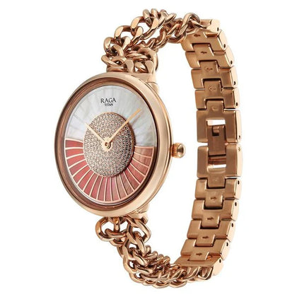 Titan Raga Glimmers Quartz Analog Mother of Pearl Dial Rose Gold Stainless Steel Strap Watch For Women