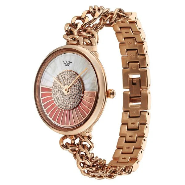 Titan Raga Glimmers Quartz Analog Mother of Pearl Dial Rose Gold Stainless Steel Strap Watch For Women