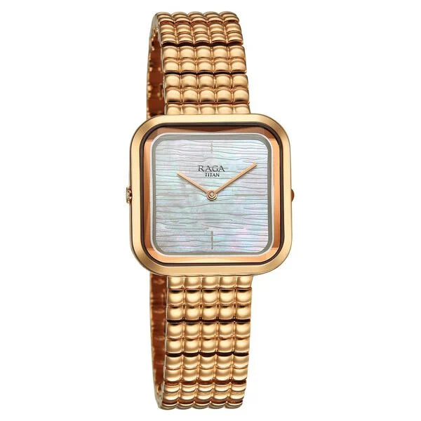 Titan Raga Glimmers Mother of Pearl Square Dial Rose Gold Metal Strap Analog Watch for Women