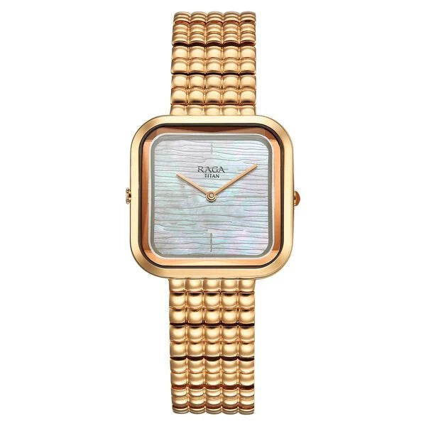 Titan Raga Glimmers Mother of Pearl Square Dial Rose Gold Metal Strap Analog Watch for Women