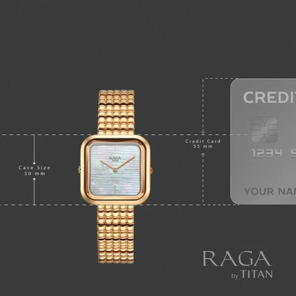 Titan Raga Glimmers Mother of Pearl Square Dial Rose Gold Metal Strap Analog Watch for Women
