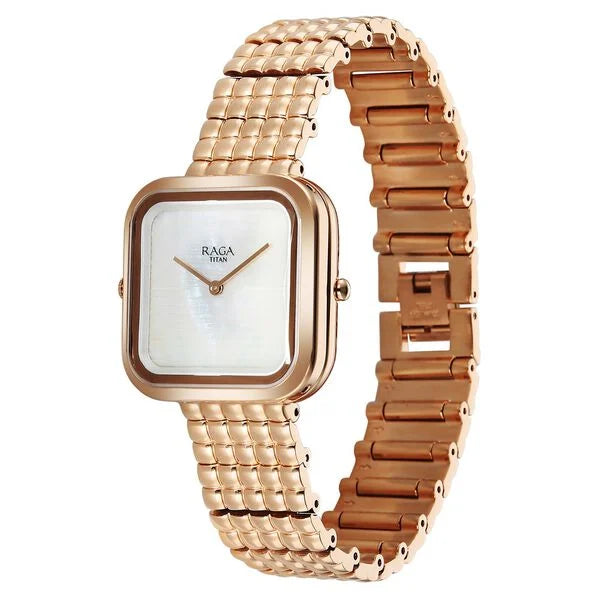 Titan Raga Glimmers Mother of Pearl Square Dial Rose Gold Metal Strap Analog Watch for Women