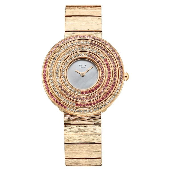 Titan Raga Glimmers Mother of Pearl Dial Rose Gold Metal Strap Analog Watch for Women