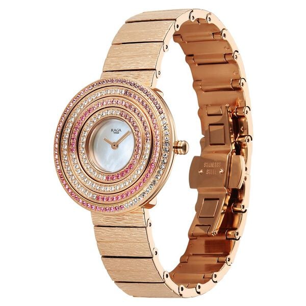 Titan Raga Glimmers Mother of Pearl Dial Rose Gold Metal Strap Analog Watch for Women
