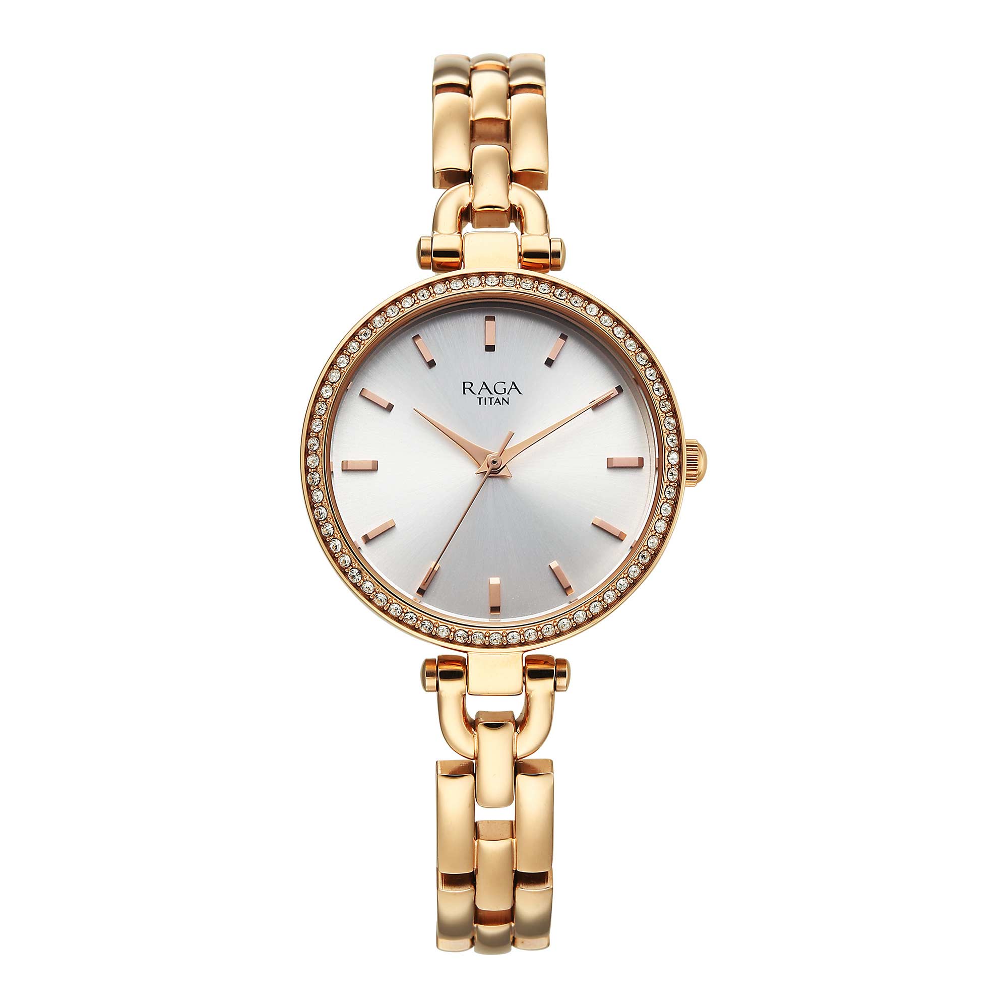 Titan Raga Showstopper Silver Dial Rose Gold Metal Strap Analog Watch for Women