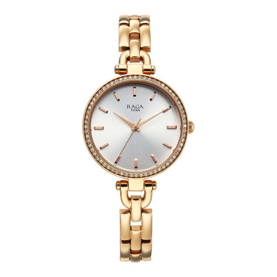Titan Raga Showstopper Silver Dial Rose Gold Metal Strap Analog Watch for Women