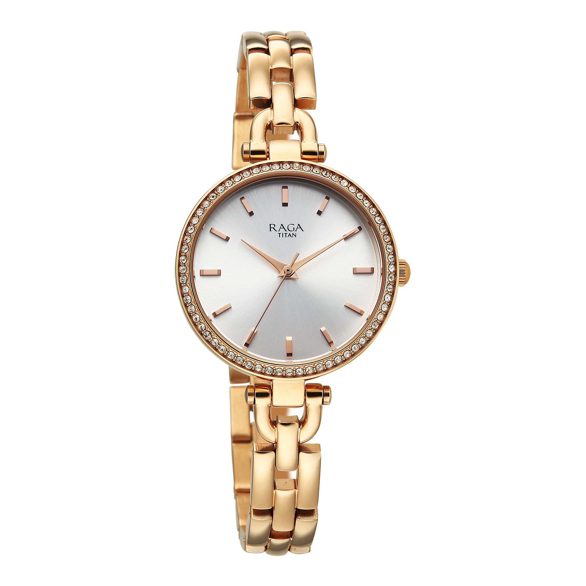 Titan Raga Showstopper Silver Dial Rose Gold Metal Strap Analog Watch for Women