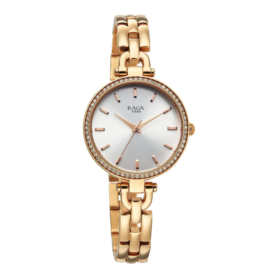 Titan Raga Showstopper Silver Dial Rose Gold Metal Strap Analog Watch for Women