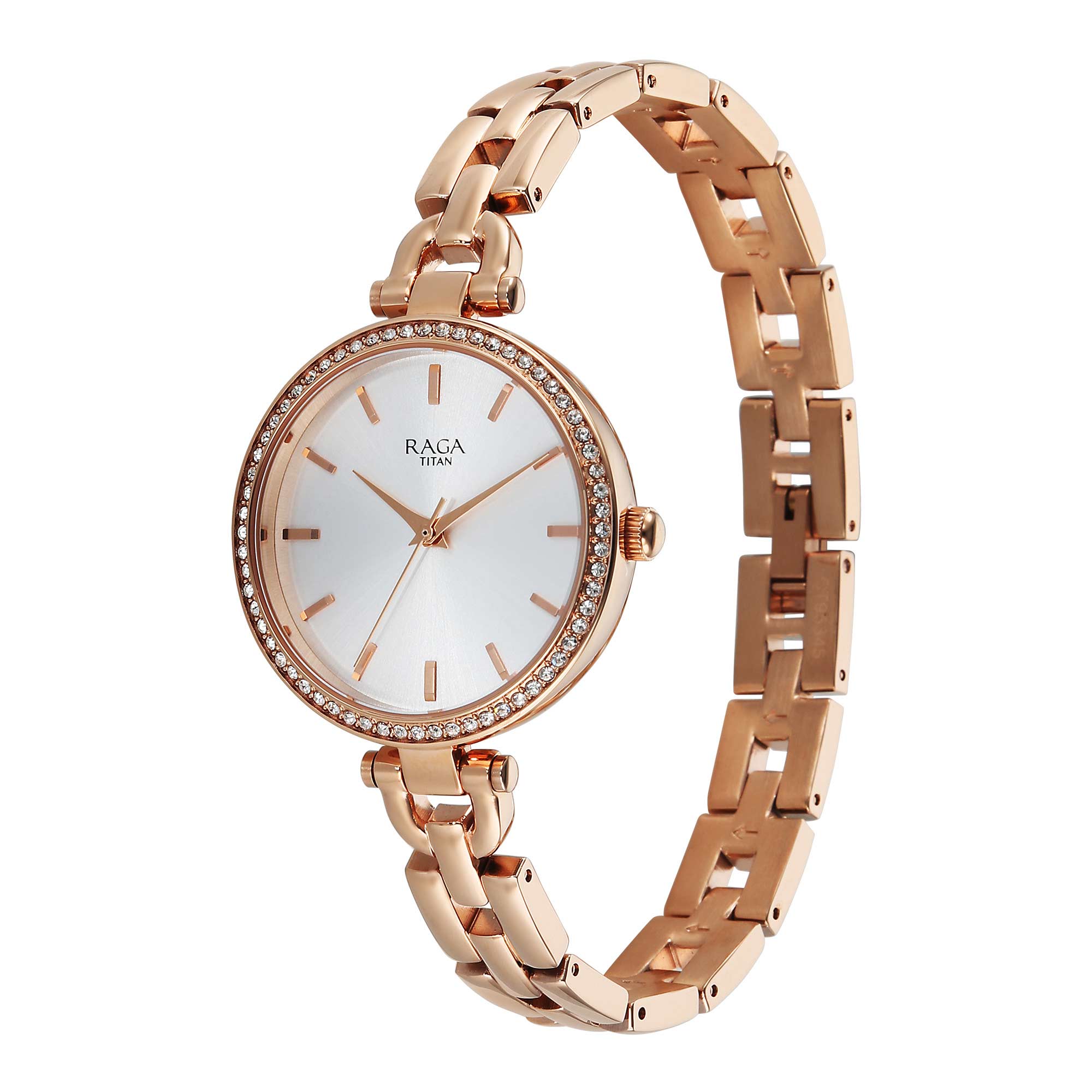 Titan Raga Showstopper Silver Dial Rose Gold Metal Strap Analog Watch for Women