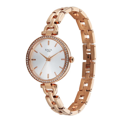 Titan Raga Showstopper Silver Dial Rose Gold Metal Strap Analog Watch for Women