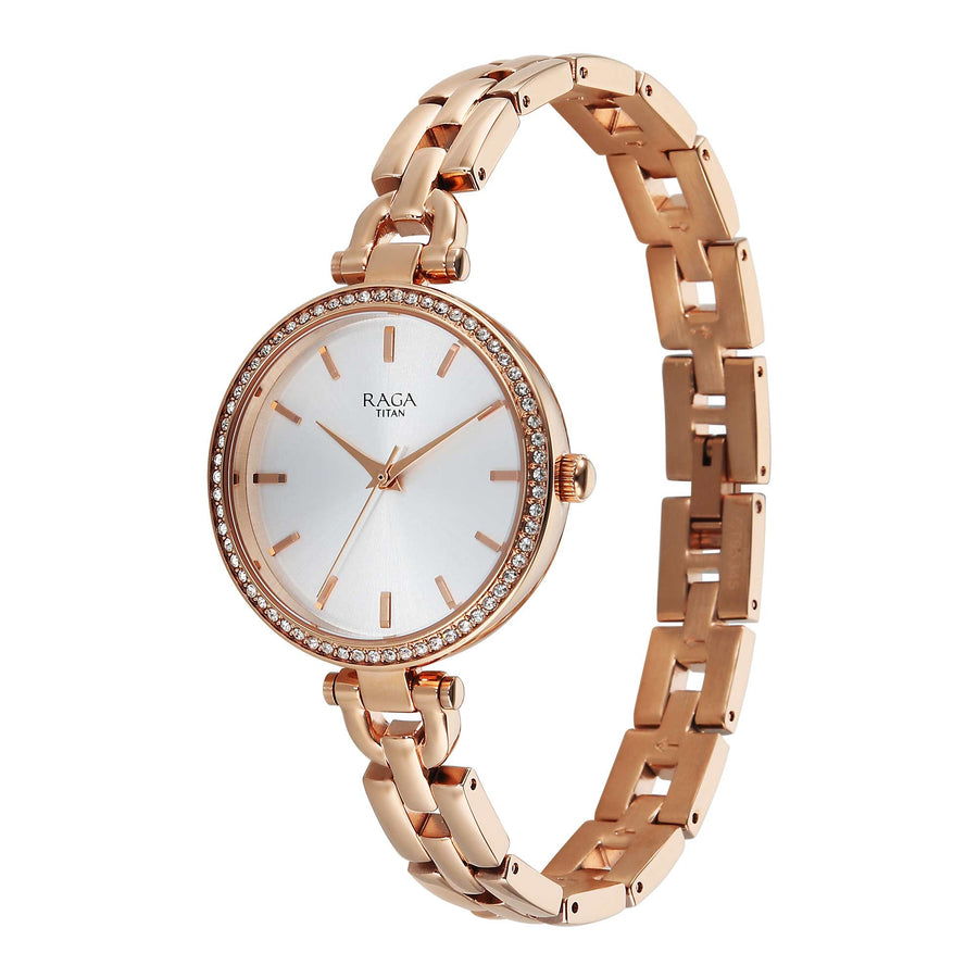 Titan Raga Showstopper Silver Dial Rose Gold Metal Strap Analog Watch for Women