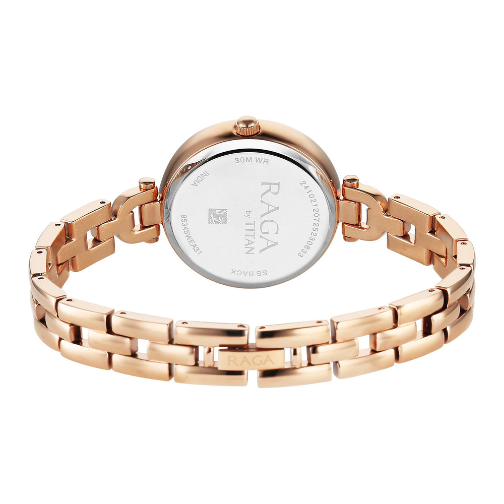 Titan Raga Showstopper Silver Dial Rose Gold Metal Strap Analog Watch for Women