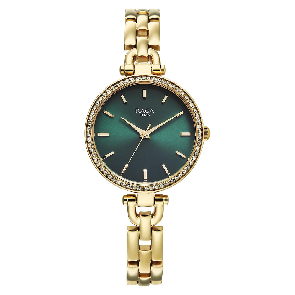 Titan Raga Showstopper Green Dial Gold Metal Strap Analog Watch for Women