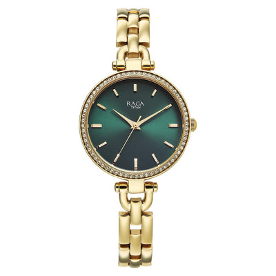 Titan Raga Showstopper Green Dial Gold Metal Strap Analog Watch for Women