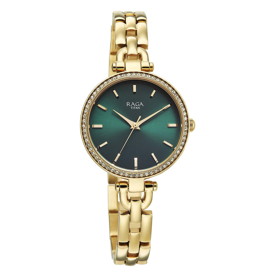 Titan Raga Showstopper Green Dial Gold Metal Strap Analog Watch for Women